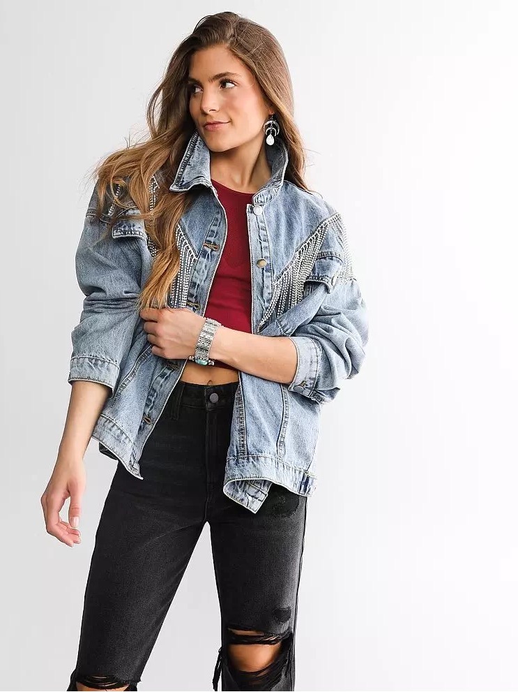 Rhinestone Fringe Denim Jacket- - Medium Wash Blue